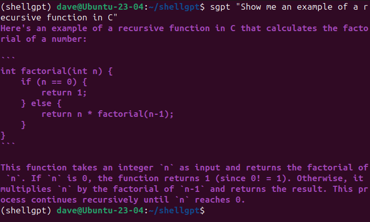 Использование ShellGPT для генерации рекурсивной функции на C