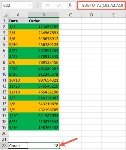 Результат функции SUBTOTAL: счёт видимых ячеек