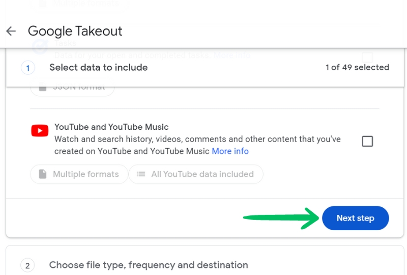Параметры экспорта в Google Takeout