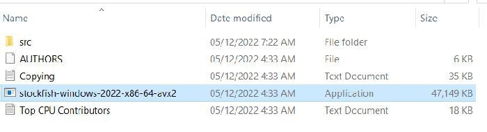 Проводник Windows: файл Stockfish для Windows выделен