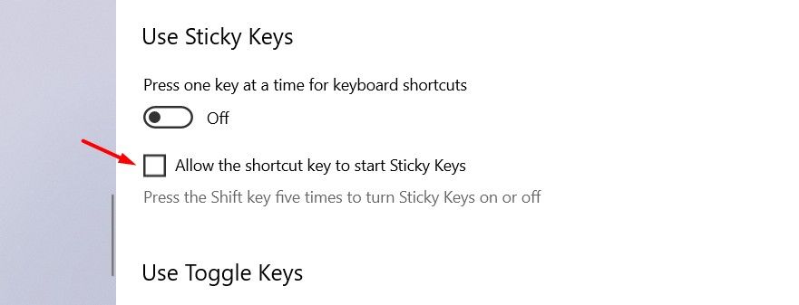 Опция запуска сочетания клавиш для Sticky Keys в Windows 10.