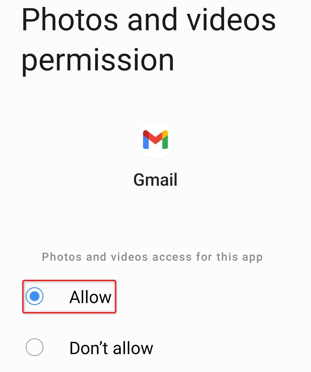 Выделена опция 'Разрешить' для доступа Gmail к хранилищу на Android.