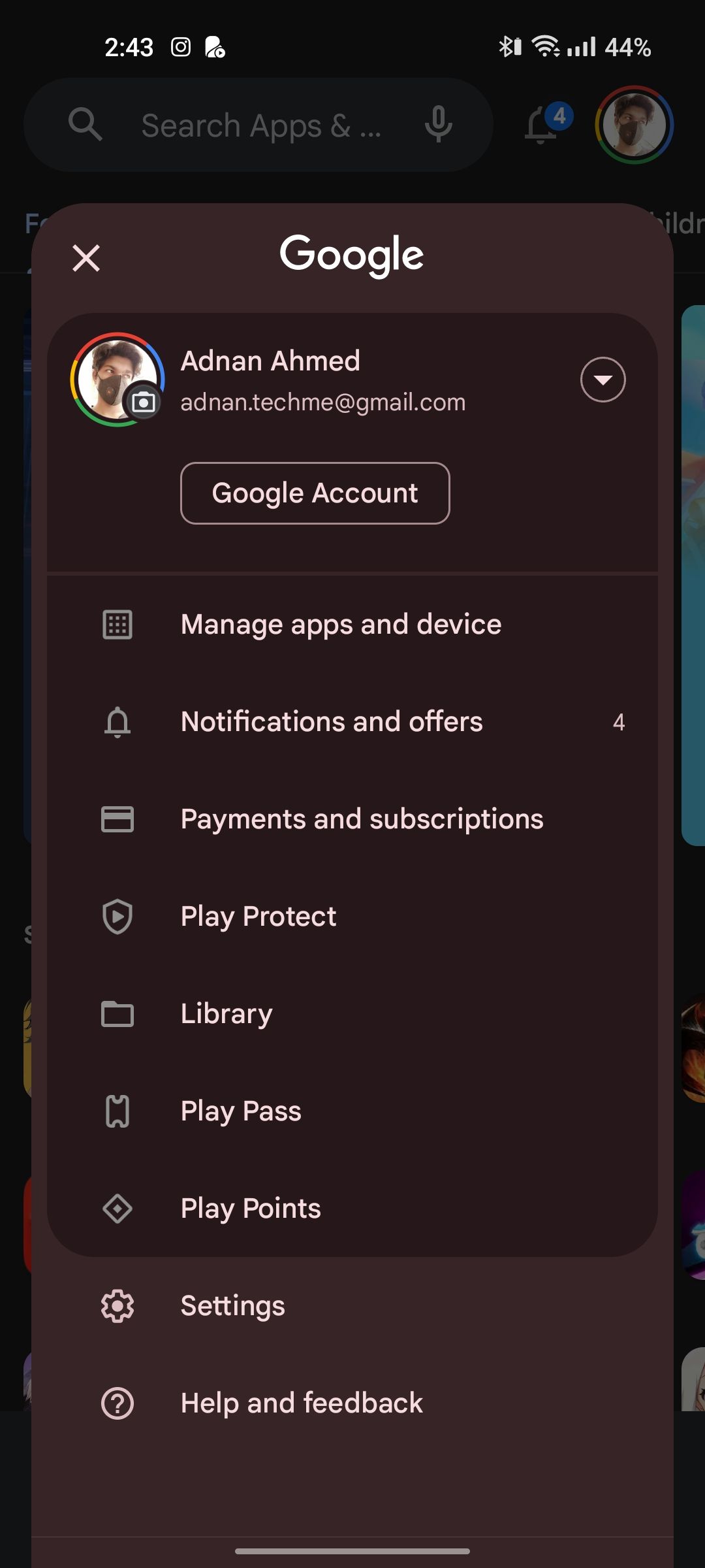 Параметры профиля в Play Store