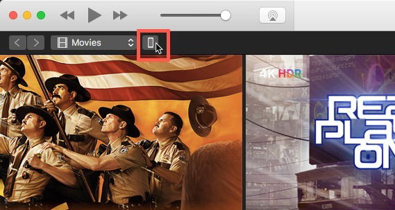 Интерфейс iTunes с выбранным устройством — иконка телефона в верхней панели