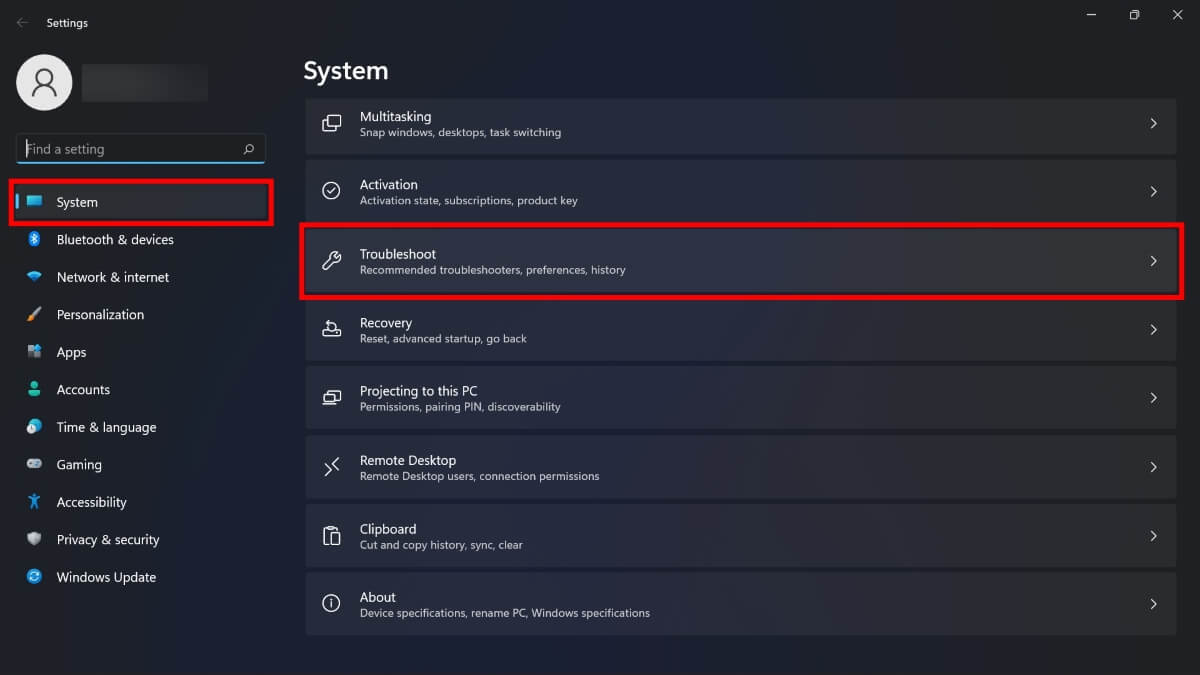 Accediendo a Solucionar problemas en Configuración