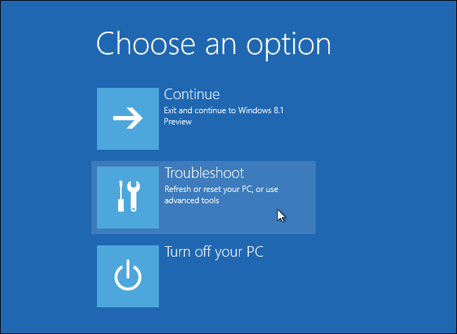 Экран «Выбор параметра загрузки» с плиткой «Поиск и устранение неисправностей»