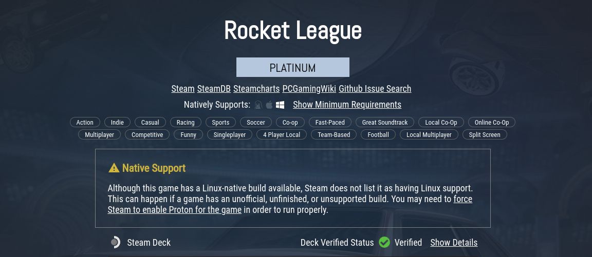 Рейтинги ProtonDB для Rocket League