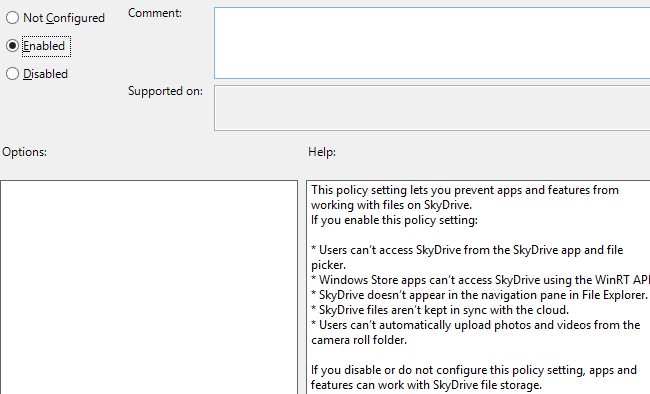 Включение параметра 'Enabled' в политике SkyDrive