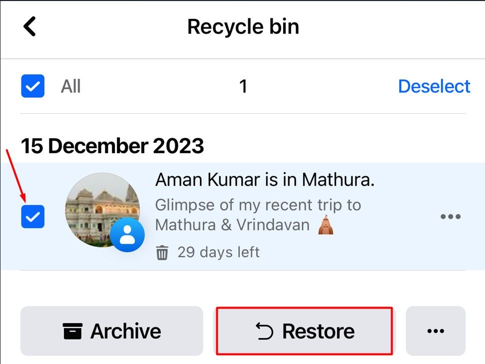 Restore button on Facebook.