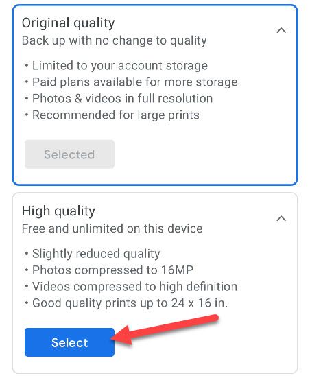 Выбор варианта качества загрузки в приложении Google Фото