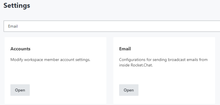 Кнопка Email в настройках Rocket.Chat