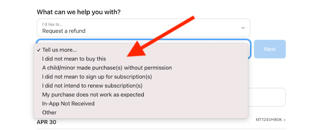 Choose a reason for your refund request