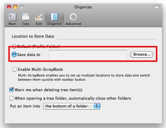 Выбор папки для сохранения данных Scrapbook в Dropbox