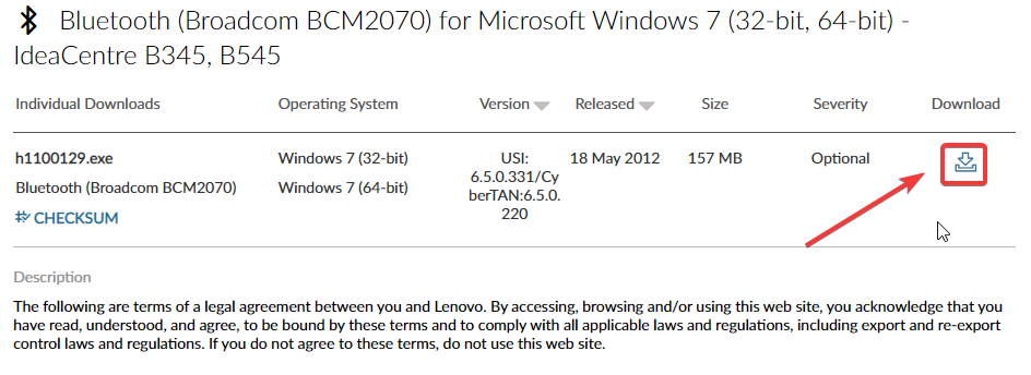 Загрузка драйвера BCM20702A0 с сайта производителя — пример расположения файла