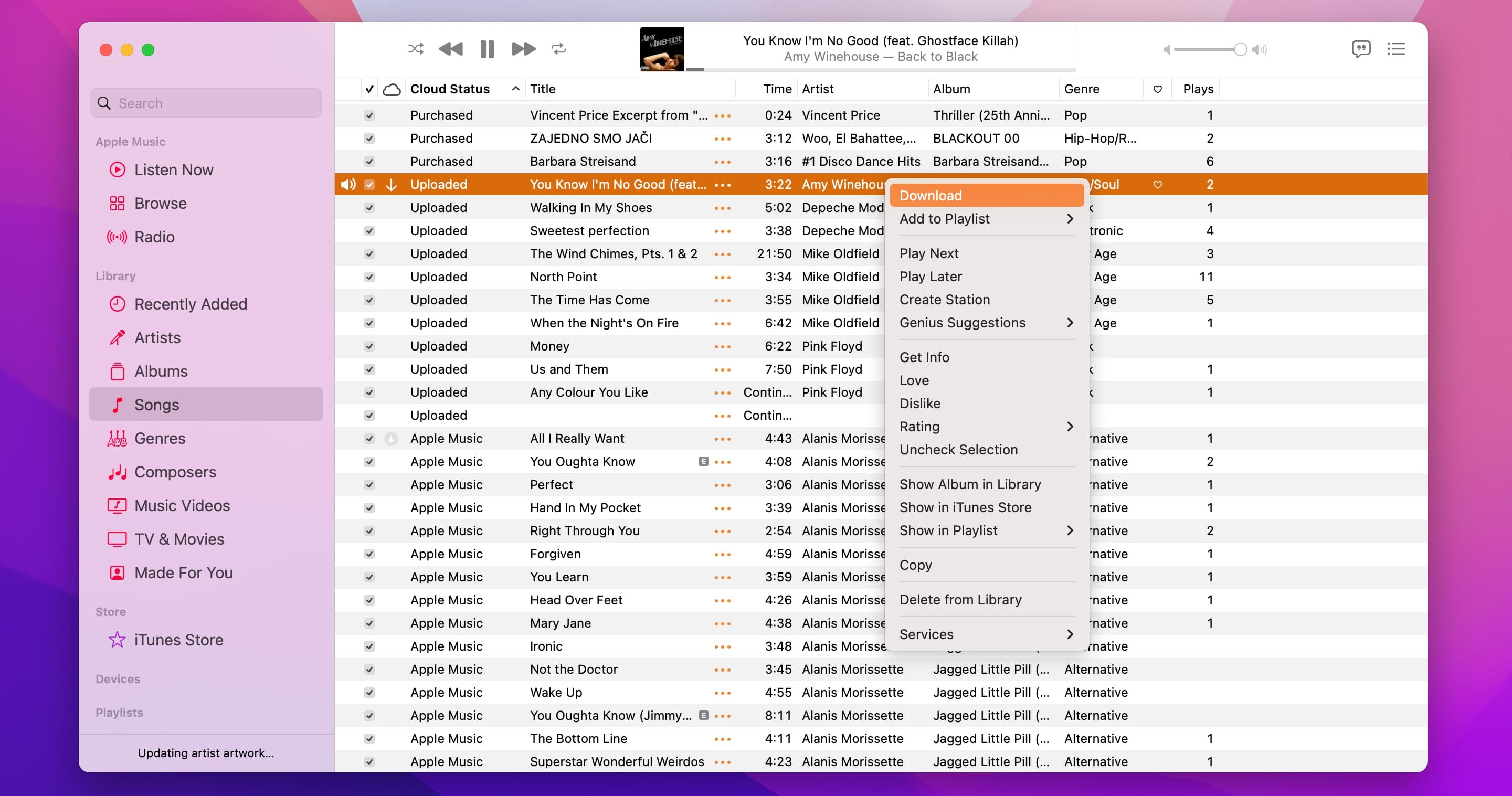 Скриншот с пометкой статуса облака и опцией загрузки
