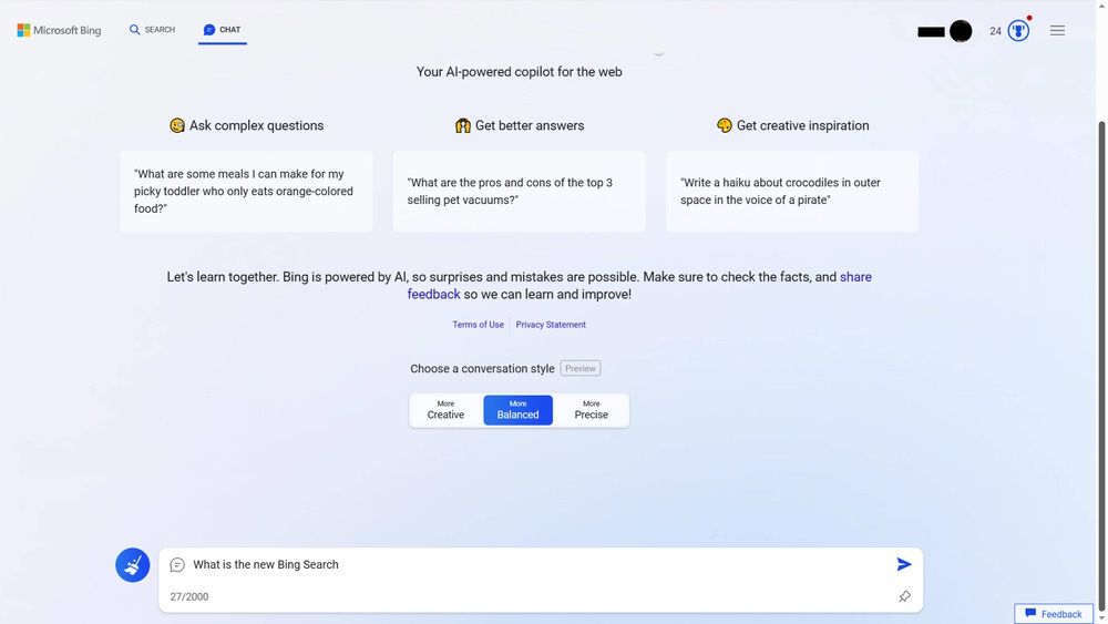 Интерфейс нового Bing с опциями стиля беседы