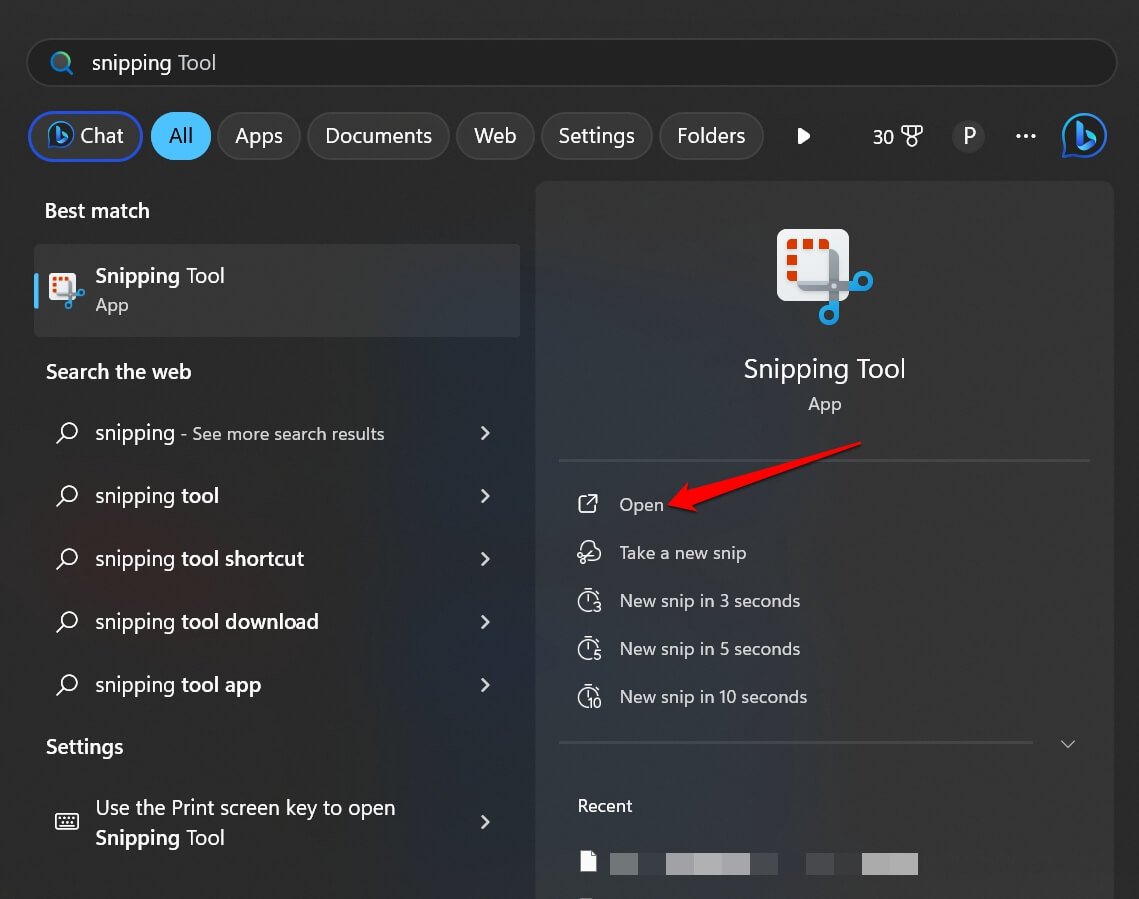 Запуск Snipping Tool через поиск
