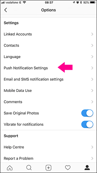 Список типов уведомлений в Instagram с переключателями
