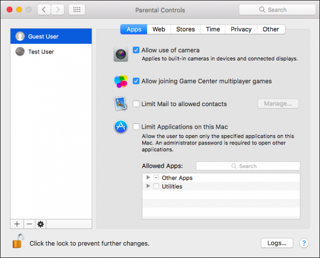 Параметры родительского контроля для гостевого пользователя