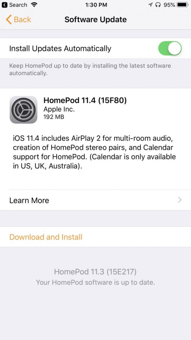 Процесс установки обновления HomePod