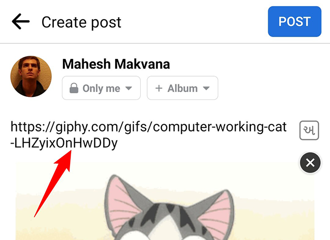Вставьте ссылку на GIF в поле поста и дождитесь превью.