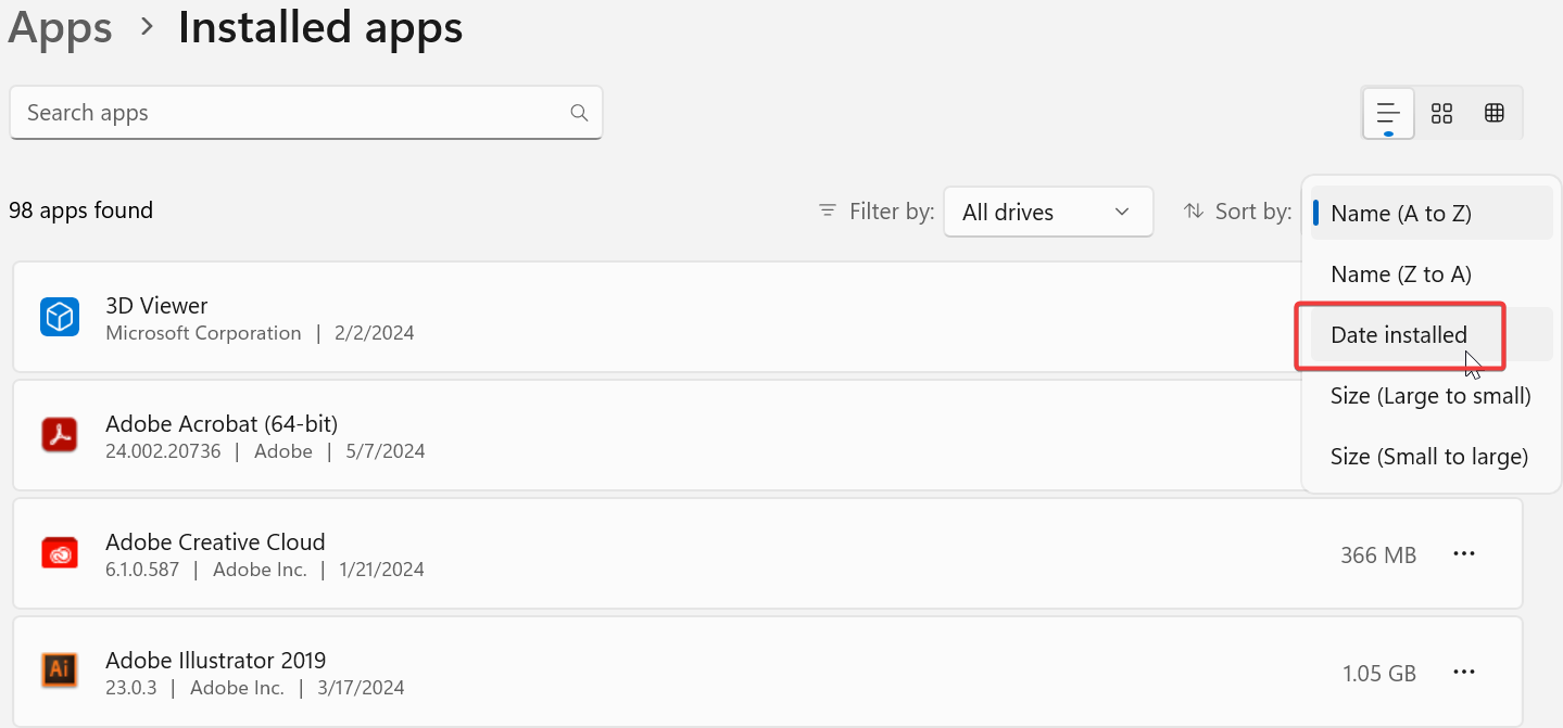 Сортировка приложений по дате установки