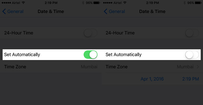 Экран iPhone: переключатель Установить автоматически