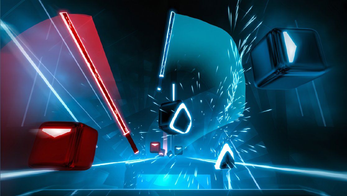 Красные и синие сабли рассекают летящие блоки в Beat Saber