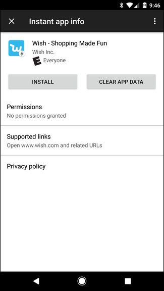 Опции Instant App в уведомлении: перейти на сайт или сведения о приложении