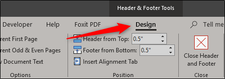 Вкладка 'Конструктор' инструментов колонтитулов