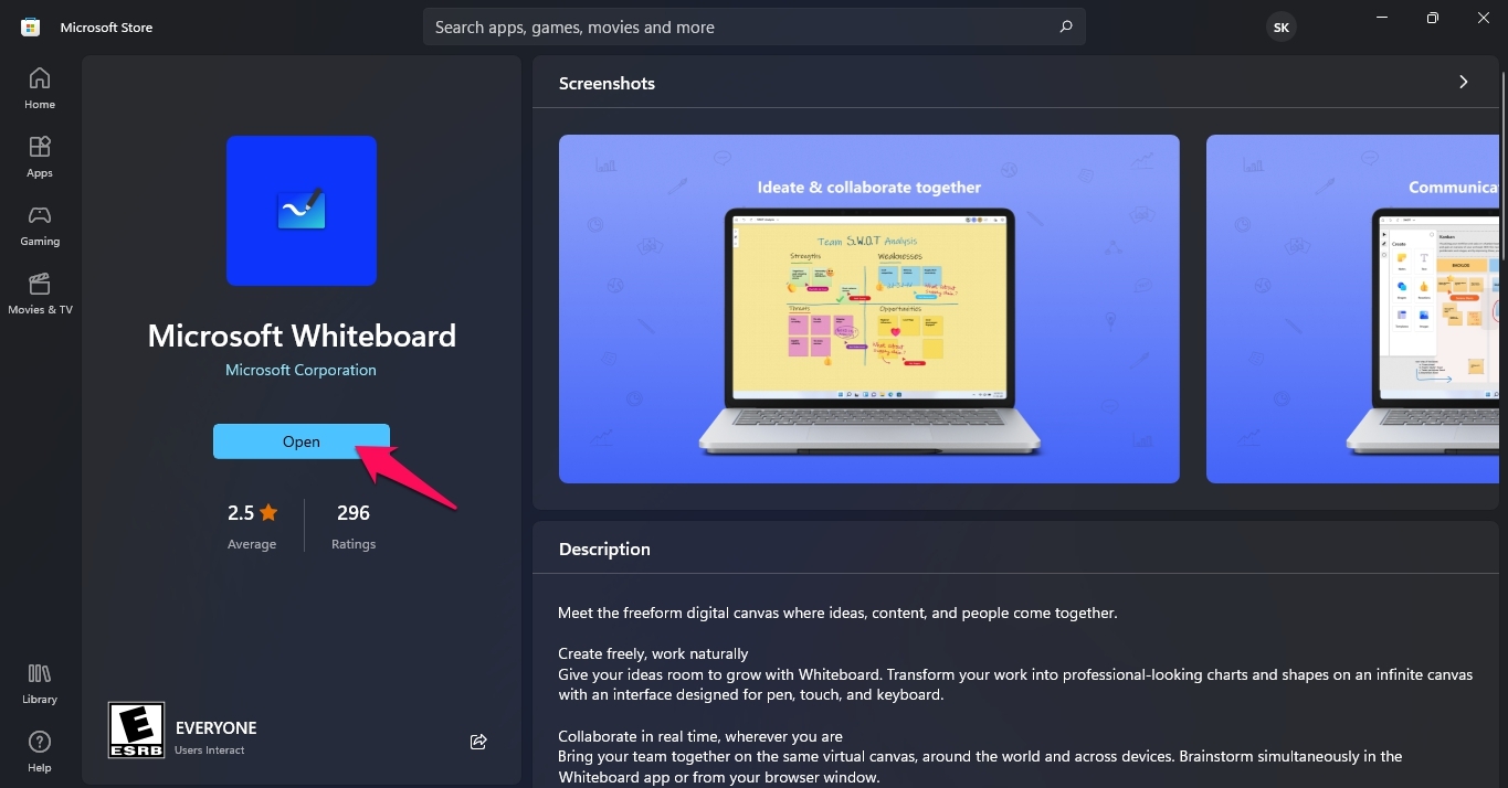 Страница Microsoft Store для Microsoft Whiteboard
