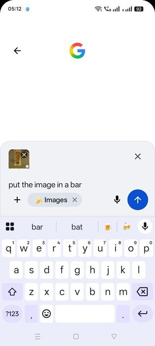 Entering a text prompt with uploaded image in Google Search for Nano Banana effect (Android).