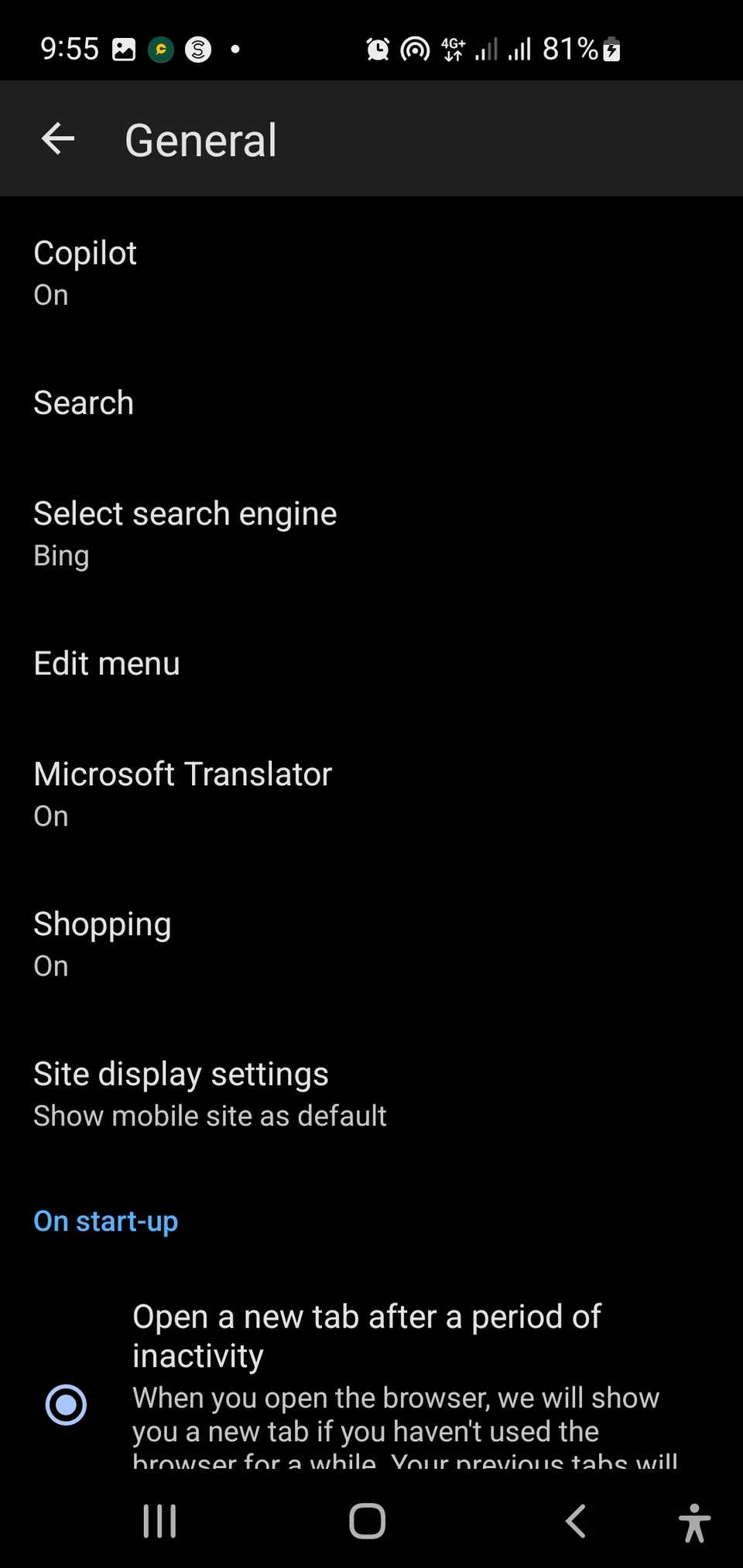 Раздел Общие в Настройках Edge на мобильном устройстве