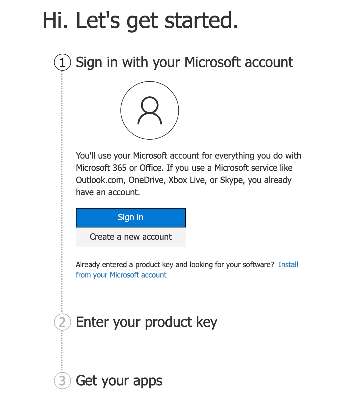 Экран входа Microsoft для загрузки Office