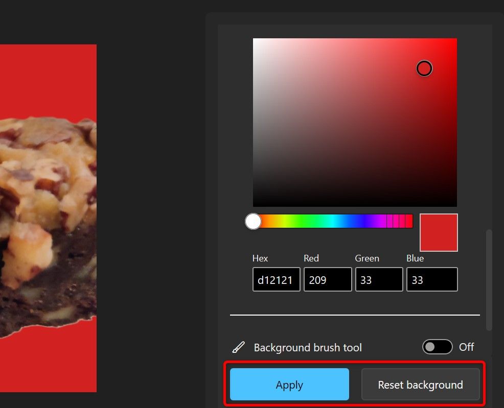 'Кнопки «Применить» и «Сбросить фон» в Photos выделены.