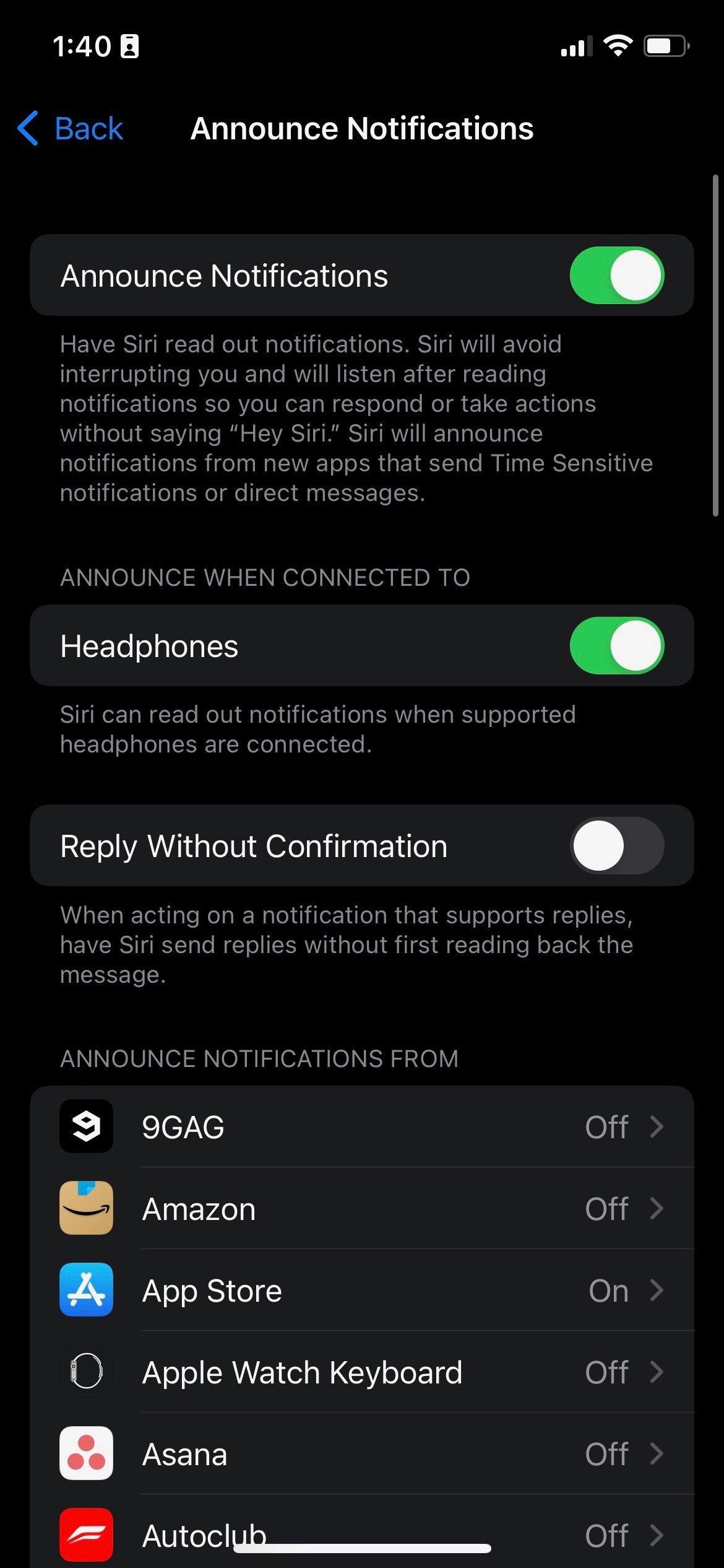 Параметры Announce Notifications на iPhone