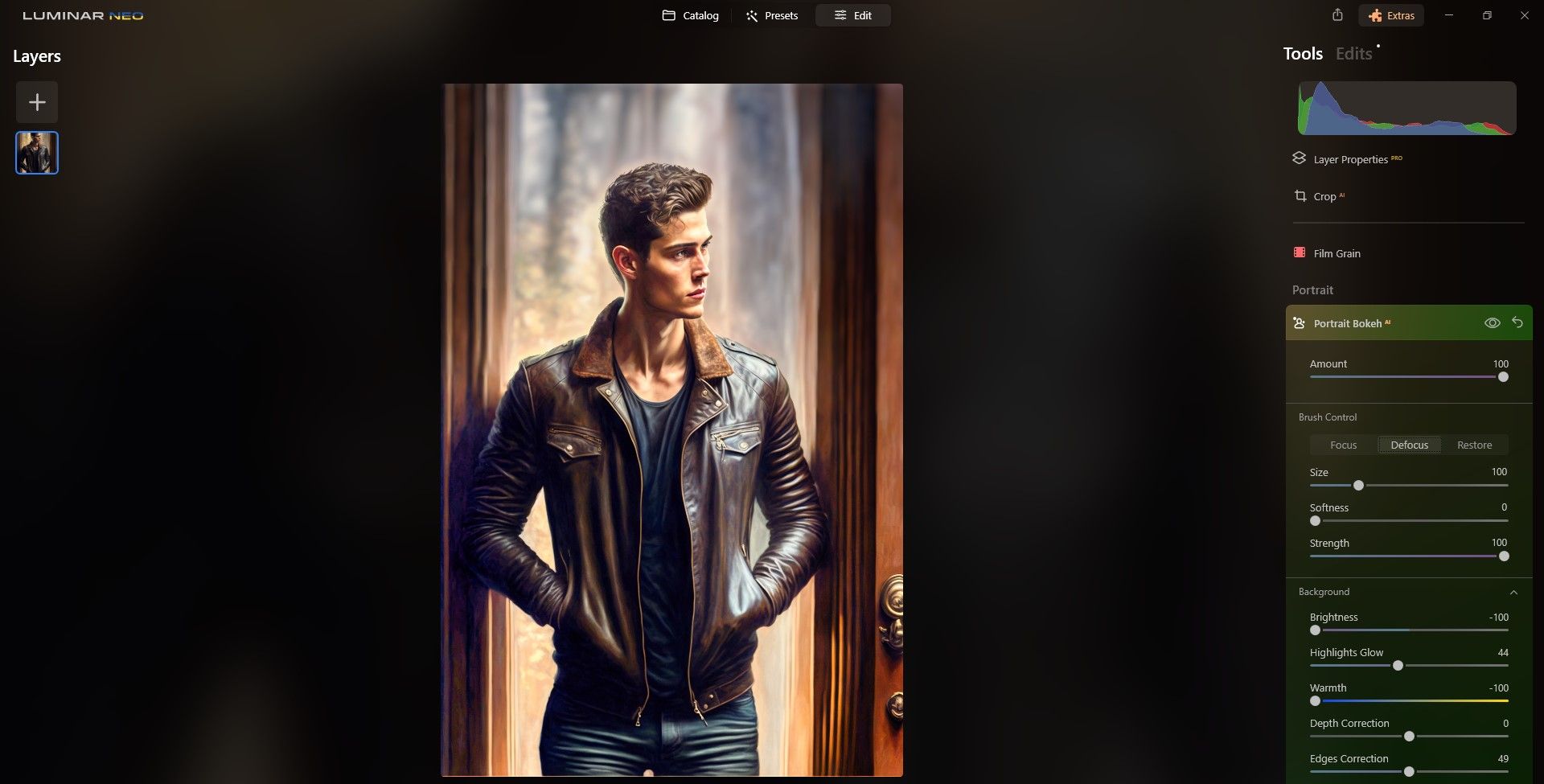 Панель Portrait Bokeh с регулировками Amount и Warmth