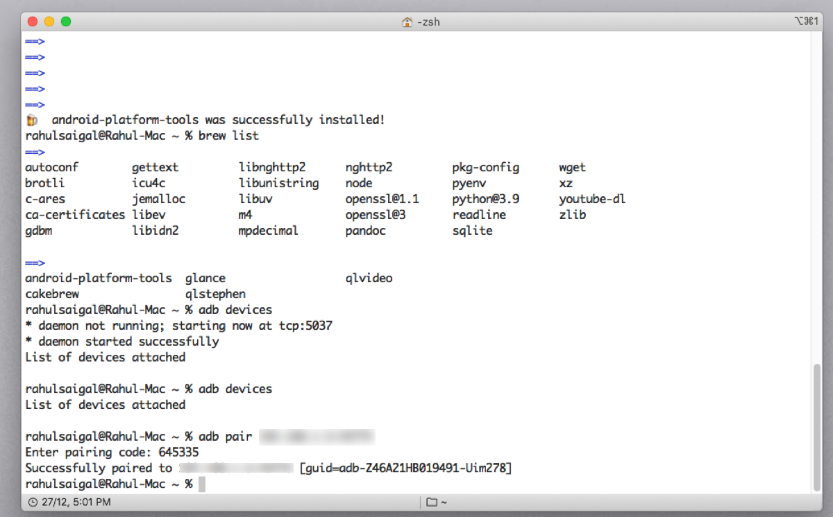 Команды для беспроводной ADB в терминале