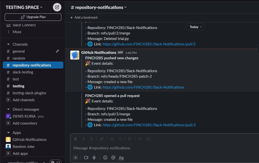Пример сообщений в Slack о событиях репозитория