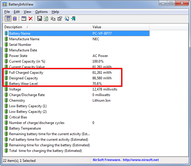 Сведения о ёмкости батареи в сторонней утилите (пример)