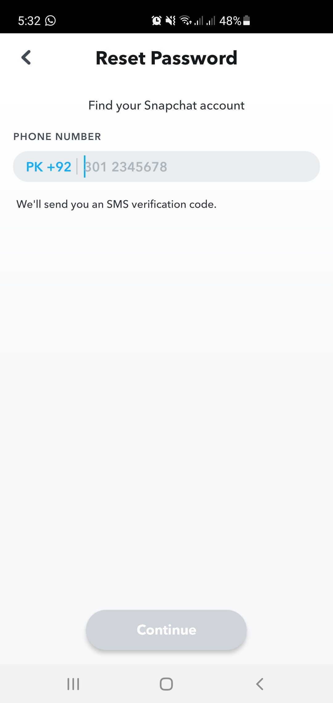 Форма для ввода зарегистрированного номера телефона