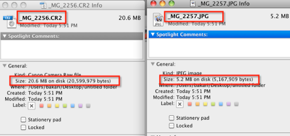 Сравнение размеров RAW и JPEG на карте памяти