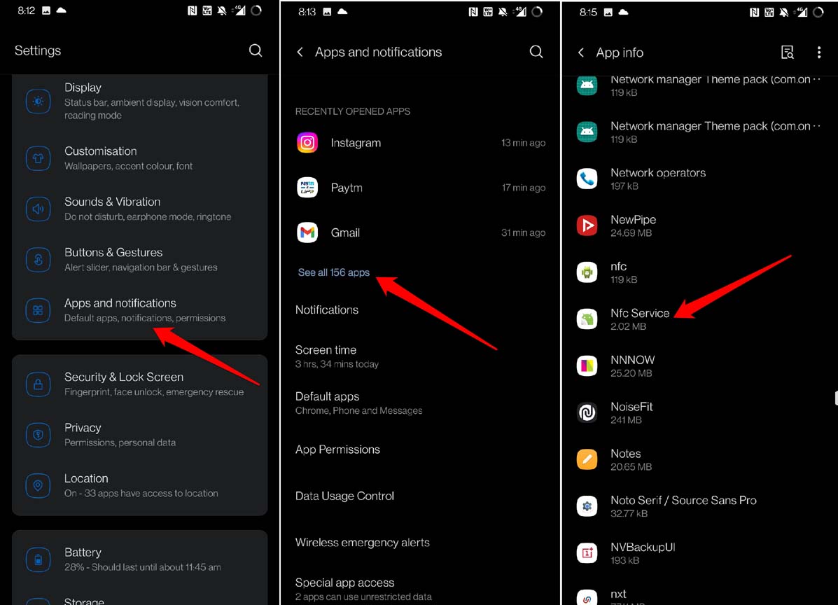 Служба NFC в списке системных приложений