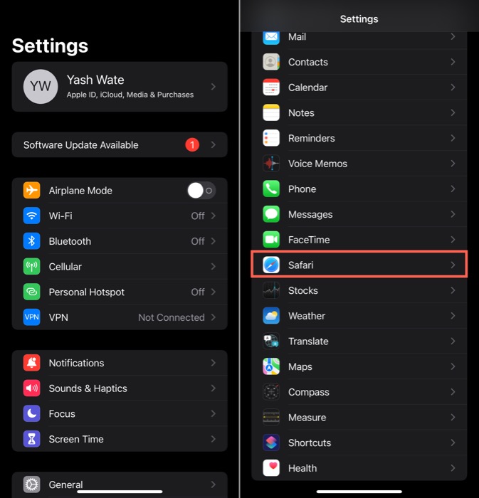 Экран настроек Safari с опцией Загрузки