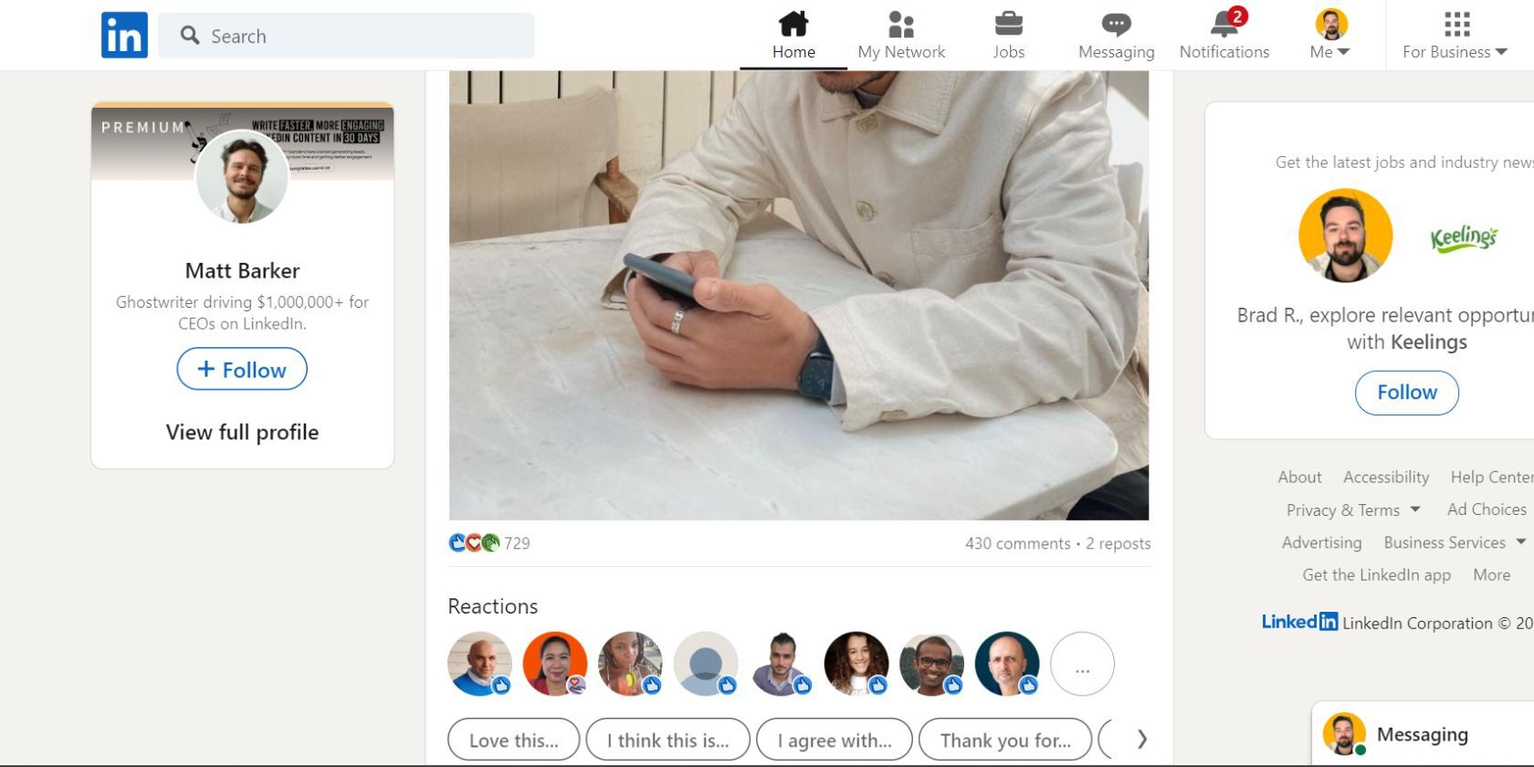 Публикация Мэтта Баркера в веб‑интерфейсе LinkedIn