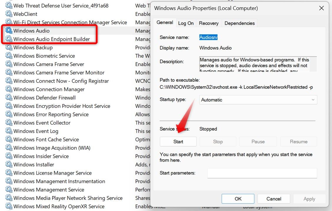 Запуск отключённой службы аудио в приложении Службы