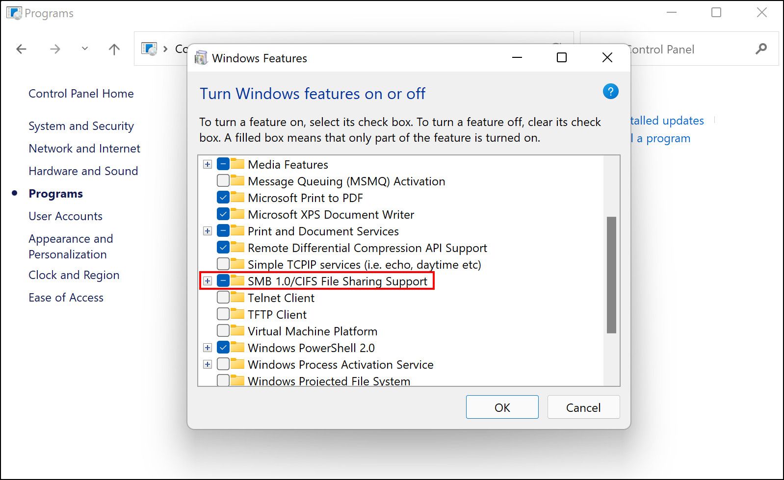 Параметр SMB 1.0