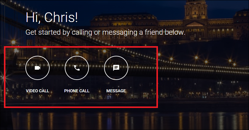 Вводный экран Hangouts с кнопками для звонка и чата