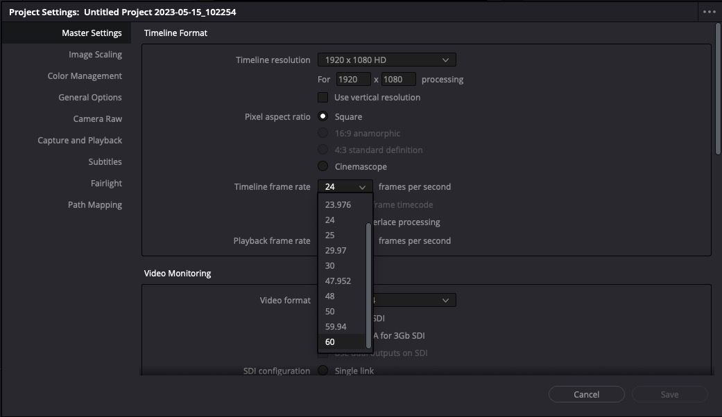 Окно настроек проекта с параметром частоты таймлайна