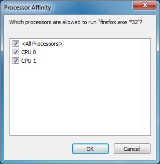 Диалог задания аффинити, выбор ядер процессора